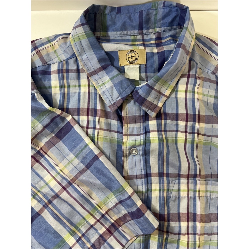 Haband Travelers Shirt Men's Blue Plaid Button Up‎ Short Sleeve See Measurements